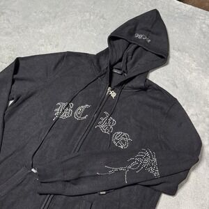 Y2k BCBG Maxazria Hooded Track Jacket Full Zip‎ Rhinestone Logo Sz XL Black